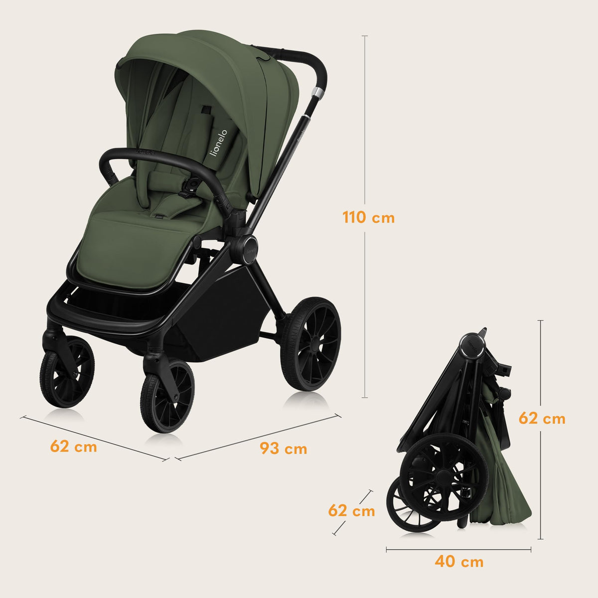 LIONELO Mika Plus 3-in-1 Travel System Pushchair – Green Olive