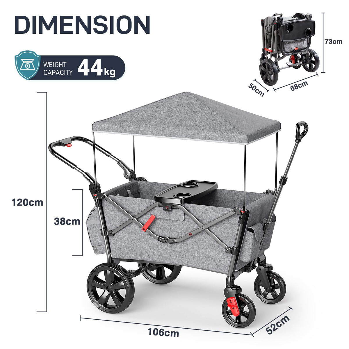 EVER ADVANCED Stroller Wagon for 2 Kids – Canopy & Harness, Grey