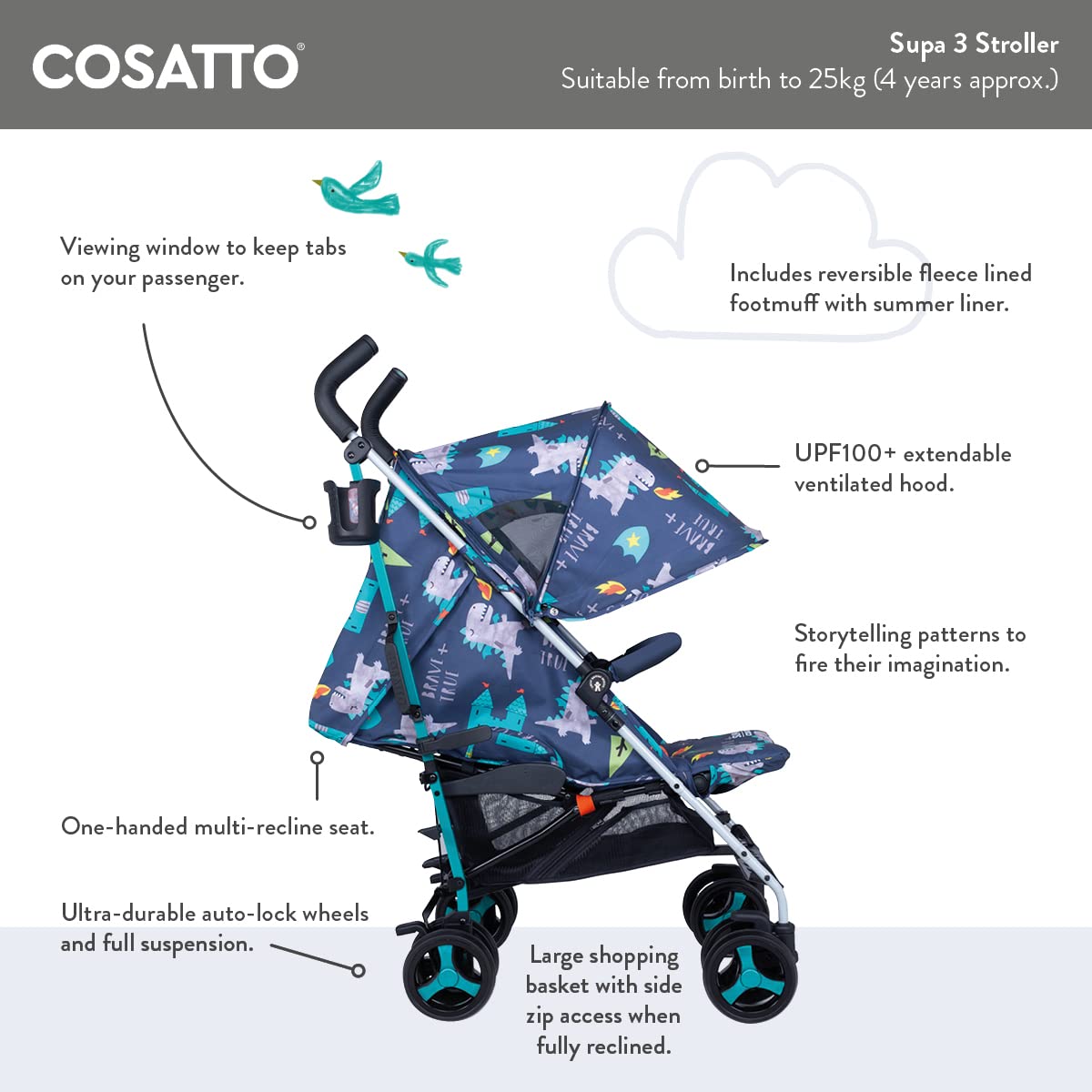 Cosatto Supa 3 Pushchair & Footmuff – Birth to 25kg, Hoglet