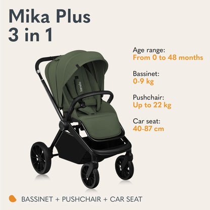 LIONELO Mika Plus 3-in-1 Travel System Pushchair – Green Olive