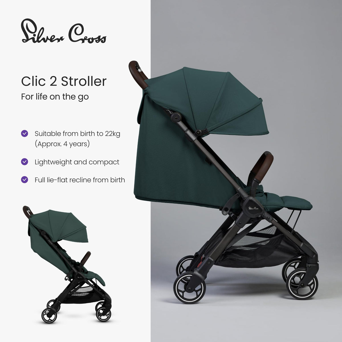 Silver Cross Clic 2 Compact Stroller & Travel Bag – Conifer