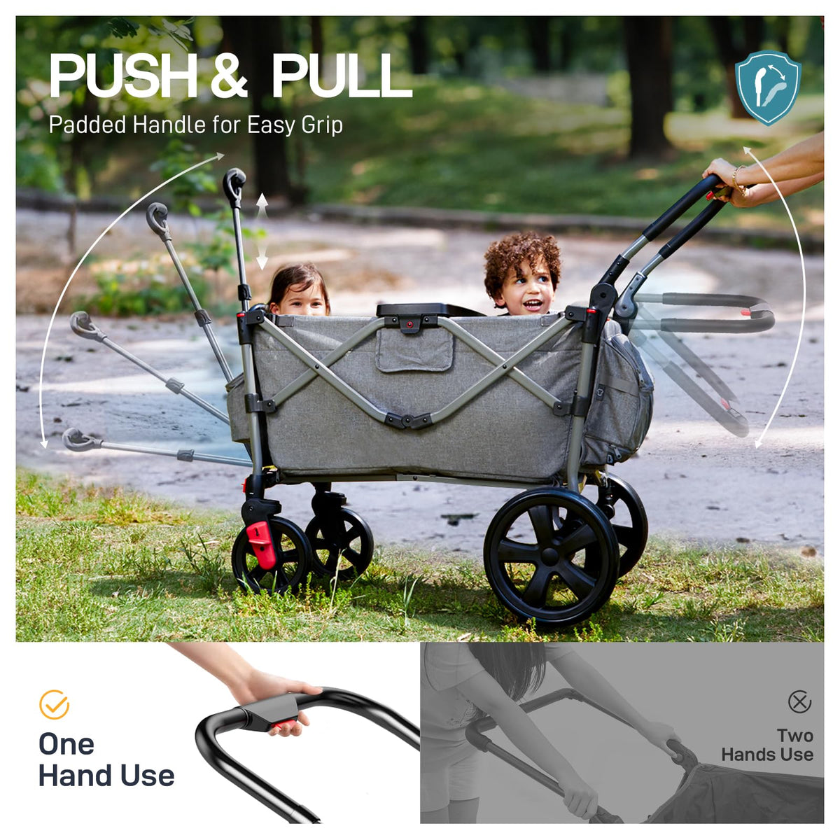 EVER ADVANCED Stroller Wagon for 2 Kids – Canopy & Harness, Grey