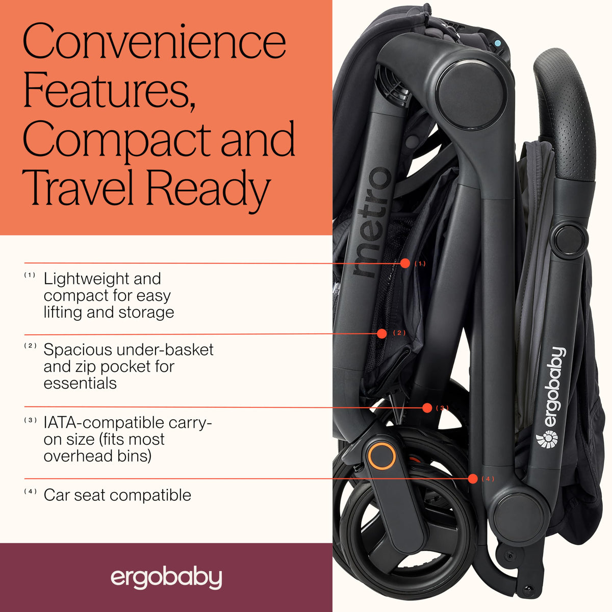 Ergobaby Metro3 Travel Stroller – Birth to 22kg, Graphite Grey