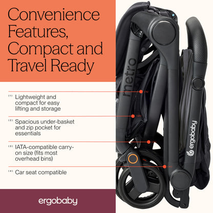 Ergobaby Metro3 Travel Stroller – Birth to 22kg, Graphite Grey