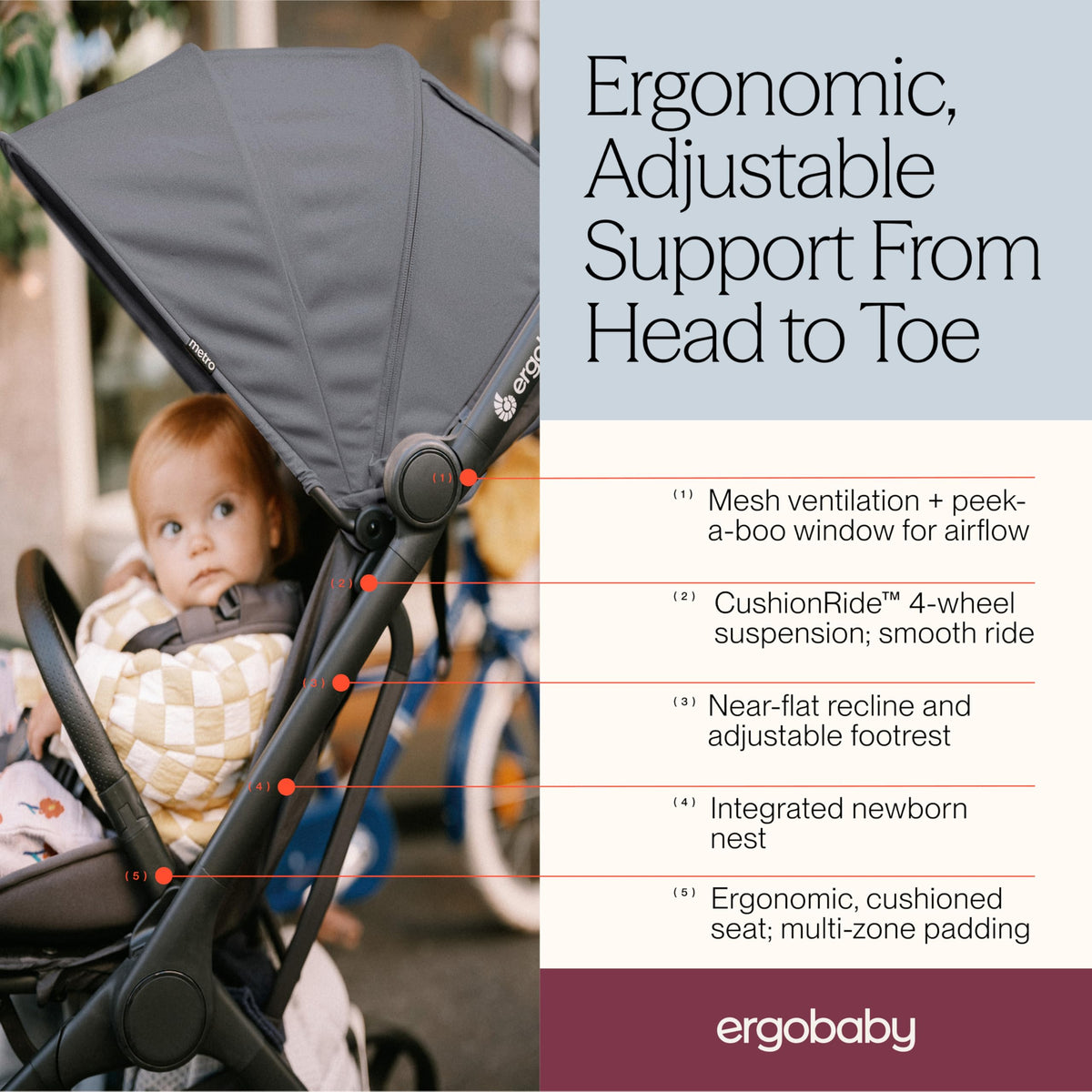 Ergobaby Metro3 Travel Stroller – Birth to 22kg, Graphite Grey