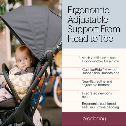 Ergobaby Metro3 Travel Stroller – Birth to 22kg, Graphite Grey